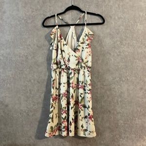 Ara Sleeveless Floral Cream Sundress Surplice Wrap Spaghetti Strap Print Dress